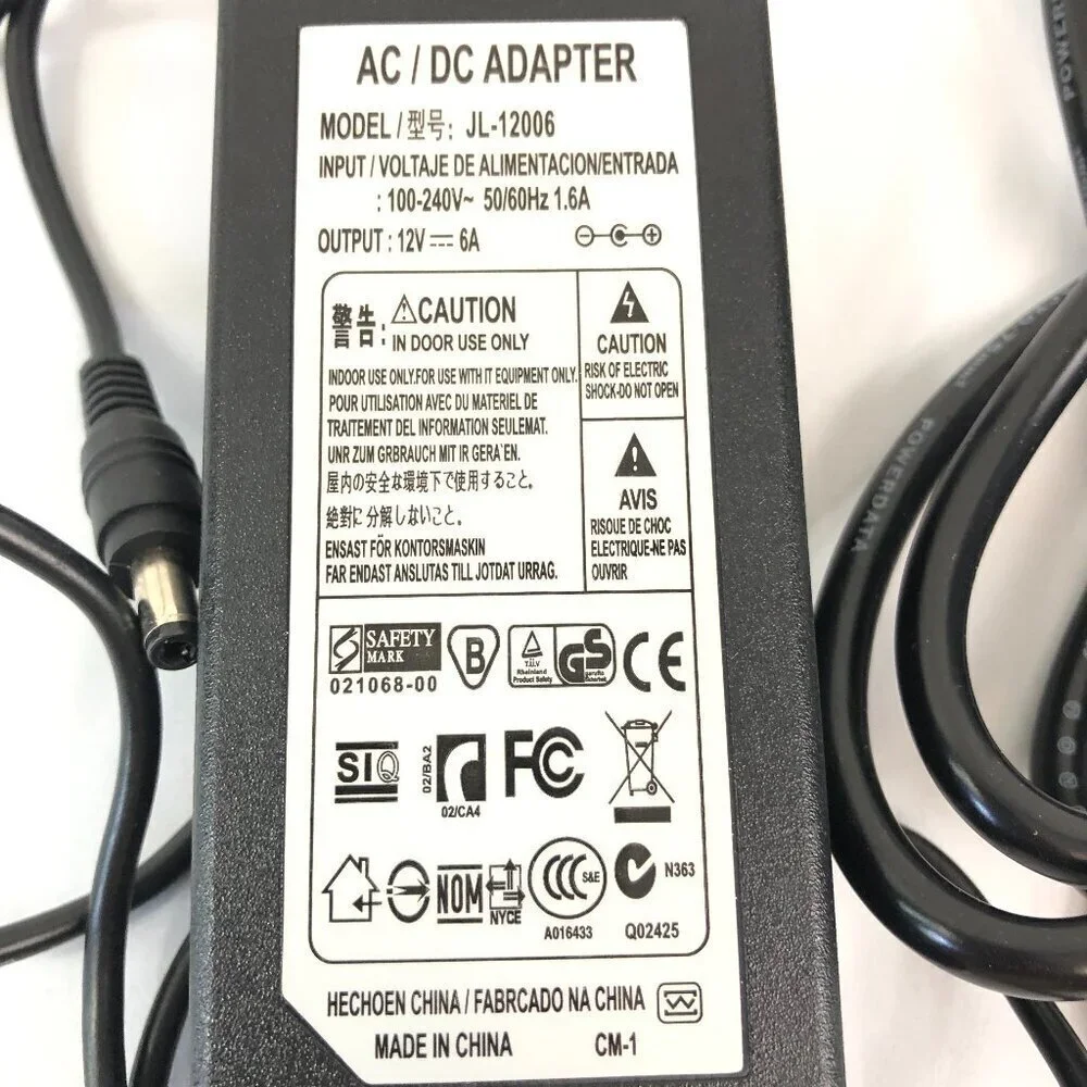 AC/DC Adapter Model JL-12006 Input 100-240V 1.6A Output 12V=6A